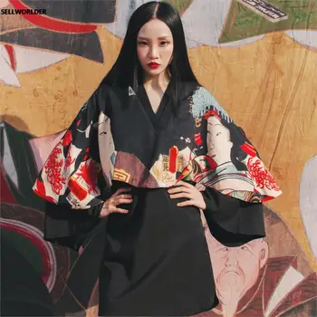 2020 Ženska Japonski Kimono Style Ukiyoe Besmrtan ljubezen Dolgimi rokavi Obleka