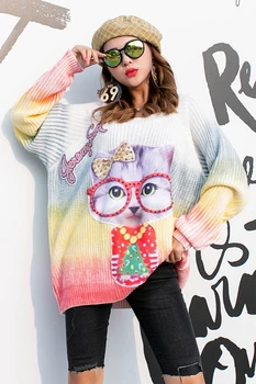 2019 jeseni in pozimi new tide blagovne znamke risanka sequins obliž osebnost pulover ženske dolgo ohlapno barvno ujemanje pulover