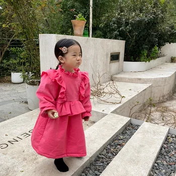 2020 Pozimi Otrok Zgosti Long Sleeve Solid Color Princesa Obleke Dekleta Velvet Obleko Otroci Ruffle Bombaž Moda Obleke