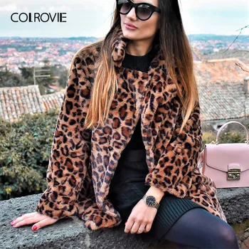 COLROVIE Leopard Tiskanja Ulične Pozimi Specializiranimi za umetno Krzno Jakno Plašč Ženske Obleke 2018 Jeseni Mode Urad Toplo Ženske Vrhnja oblačila