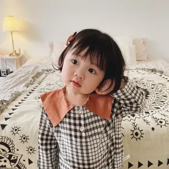 Baby Dekle Kariran Romper Bombaž Mornar Iztrgana Rojstni Dan Kostum Dolg Rokav Enega Kosa Jumpsuit Korejski Otroci Oblačila Padec