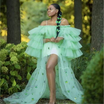 Moda 2021 Zelen Metulj Odklon Prekrivni Ženske Obleke Ruffles Stopenjski Dolgo Til Prom Obleke, Glejte Skozi Noseča Dolgo Haljo