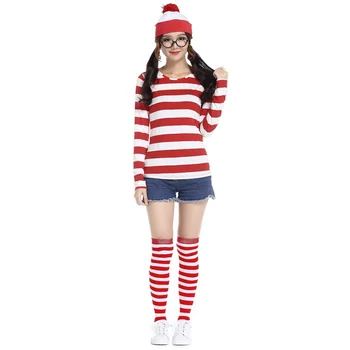 Kjer je Wally Kostum Waldo Knjiga Teden pustna Obleka Stripe Majica Klobuk, Očala Kit