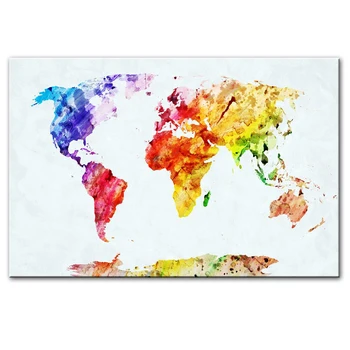 Akvarel Svetovni Zemljevid, Platno, Slike Na Steni Plakatov In Fotografij Povzetek Zemljevid Wall Art Natisne Za Dnevno Sobo Cuadros Dekor