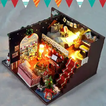 3D Božični Lepa Lesena Lutka Hiša Miniture Skupščine Minituras S Pohištvom Svetlobe Prahu Kritje DIY Božično Darilo za Rojstni dan