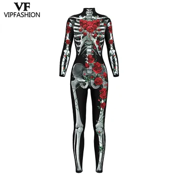 VIP MODA 2019 Novih izdelkov, 3D Lobanje, Kosti Skeleta Tiskanja igralne obleke Zahodni Halloween Kostumi Za Ženske Jumpsuit Costplay Bodysuit
