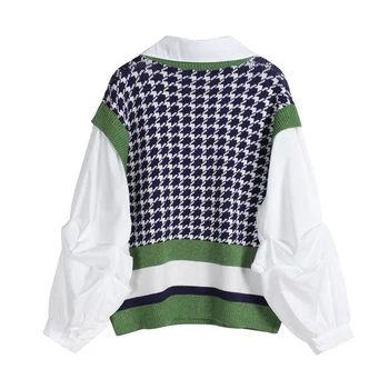 Bluza z Dolgimi Rokavi Mozaik Plesti Pulover 2020 Jeseni svoboden Priložnostne Moda korejski Ponaredek Dveh Kosov Pulover Ženske, pulover vrhovi