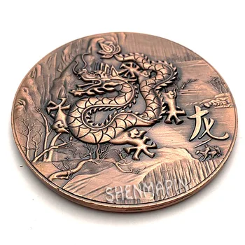 Tridimenzionalni Relief Dvojno Stranicami Zmaj Spominski Kovanec Kitajske Kulture Nebesno Zmaj Rdečega Bakra Art Zbirateljskih Kovancev
