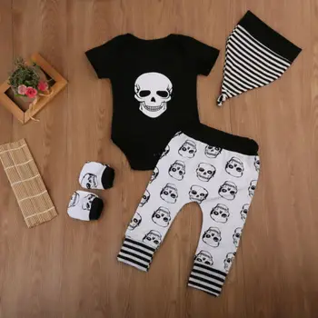 CANIS 2019 Novo 4pcs Nastavite Novorojenčka Otroci Baby Boy Lobanja, Obleke, Oblačila Vrhovi+Dolge Hlače Modni Klobuk Visoko Kakovost Vroče Prodaje