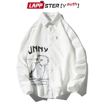 LAPPSTER Moških Harajuku Smešno Mačka Srajce 2020 Kpop Nekaj Majice z Dolgimi Rokavi Žep korejski Modnih Hip Hop Bele Srajce Plus Velikost