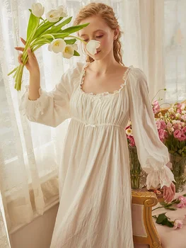 Mehko Belo Bombažno Žensk Dolgo Nightgowns Dolg Rokav Elegantno Jesen Pomlad Ženski Princesa Elegantno Svoboden Nighty Obleko Homewear