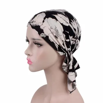 Muslimanske Ženske Cvetlični Stretch Bombaž Headscarf Turban Klobuk Kemo Beanies Kape Headwrap Pokrivala Za Raka Izpadanje Las Dodatki