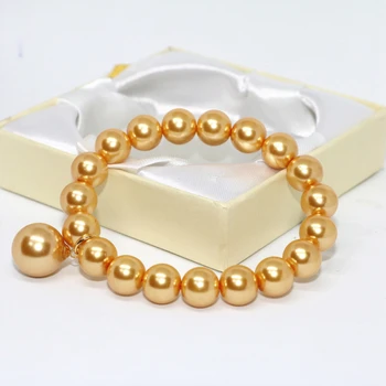 Bohemia slog zlato rumeno imitacije južna morja lupine pearl krog biseri 10 mm zapestnica za ženske elastično vrv nakit za 7,5 palca B1708