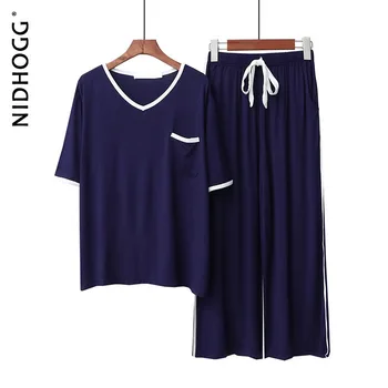2020 Modale Pižame Proti-vrat Kratka sleeved Hlače, Pižame za Ženske Dva Kosa iz Poletje Svoboden Priložnostne Doma Obleko Salon Sleepwear