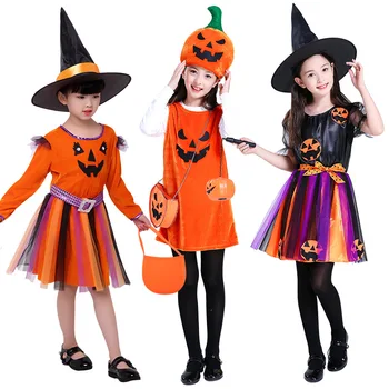 Dekleta Halloween cosplay 3pcs Oblačila Sklop bučna Glavo plašč čarovnica čarovnik nastopov Oblačila Sklop