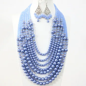 Bohemia slog 7 vrstic ogrlica, uhani svetlo modri krog lupini simulirano-pearl abakus kristalno kroglice elegantno diy nakit set B1312