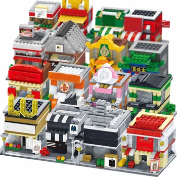 4 v 1 Mestna Serije Diamond Blocks Mini Trgovina Trgovina Nastavite Hrano Ulica Hiši Model Stavbe Otrok Dekle Igrača
