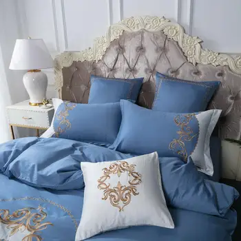 Kralj kraljica luksuzni Posteljnina Nabor modra srebrna Egiptovski bombaž vezenje postelja kritje nastavite Bedsheets nastavite Rjuhe Kritje Pillowcases