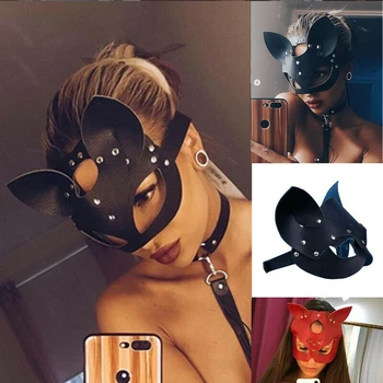 Cosplay Seksi Mačka Masko Ženske Dekle Kostum Stranka PVC Ropstva Maske Odraslih Igrajo Posebnega Mačka Ušesa Nastavljiv Oblikovanje Maske Črno Rdeča