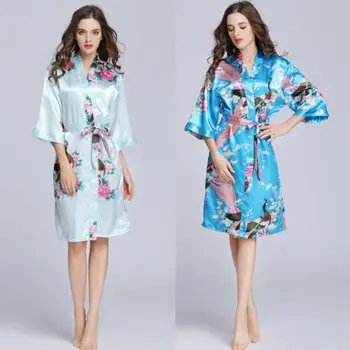 Moda 2019 Ženska Cvetlični Čipke Satenast Kimono Plašč Obleko Kratek Rokav Obleke Babydoll Svate Družico Sleepwear Nova