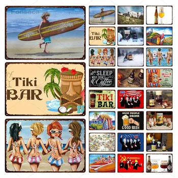 Surf Plaži Tin Plaketo Tiki Kovinski Znak Poletne Počitnice Tiki Prijavite Kovinsko Ploščo Za Bar, Bar Na Plaži Dekorativne Stenske Umetnosti Železa Barve