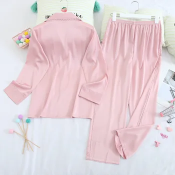 Seksi Čipke Trim Sleepwear Bo Ustrezala Pomlad Jesen Barva Rajon Svile Dolg Rokav Sopihanje Homewear More Pižamo Pyjama Set