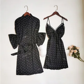 Polka Dot Tiskanja Haljo Nastavite Ženske Saten 2PCS Sleepwear Svilnato Nighty&Haljo Set Ženskih Vzročno Kimono Plašč Ohlapne Obleke kopalni plašč