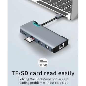 Tip-C HUB 7 v 1 Smart Razširitveno Postajo z 2 x USB3.0 + SD + TF + HDMI + RJ45 + PD Tip-C Pretvornik za
