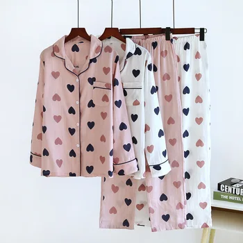2021 Novo Pomlad Gaza Bombaža Ženske Pižame Dva Kosa Doma Obleko Tanke Ljubezen Natisnjeni Salon Nositi Ženskih Dolg Rokav Homewear Set