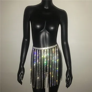 FestivalQueen seksi kristalno studded tassel kovinski mini krilo ženske bleščice nosorogovo visoko pasu verigi oseb krilo clubwear 2018