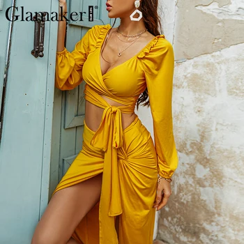 Glamaker Dva kosa obleke Ruffles bandge vrh in visoko split seksi krila Žensk pomlad poletje rumena določa obleko modne 2021 nova