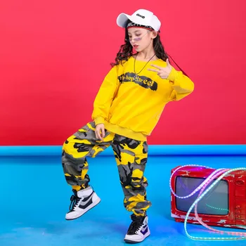 Moda Hip Hop Oblačila Sklop za Dekleta otrokove Športne Obleke Ulične Sweatershirt Rumena prikrivanje Hlače Plesne Obleke