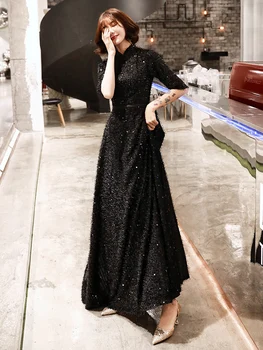 Črni Muslimani Čipke Dolge Večerne Obleke 2019 A-linije Dolge Rokave Dubaj Savdska arabski Dolge Elegantne Večerne Obleke Haljo de soiree