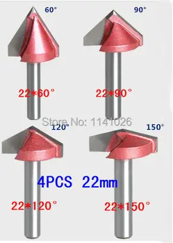 4PCS(60/ 90/ 120/ 150 Stopnja) Kolenom-6 mm, Širina-22 mm,CNC Graviranje 3D V Utor Usmerjevalnik Malo Lesnoobdelovalnih Rezalno Orodje, ki Določa