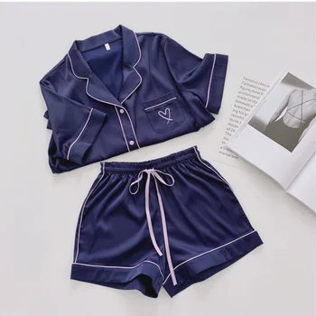 Svileno Pižamo za Ženske Srce Vezene Pižame Ženske Pj Set Home Obleko Saten More Nastaviti Sleepwear 2020 Pijama Verano Mujer