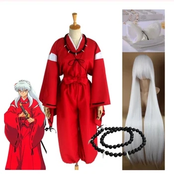 Anime Inuyasha Cosplay Kostum Rdeče Japonski Kimono Človek Haljo Kostum Oblačila Z Lasulje Ušesa In Ogrlico Za Halloween Party