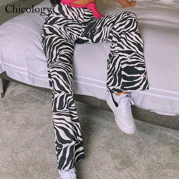 Chicology Zebra Trak Tiskanja Visoko Pasu Dolge Hlače Ženske 2020 Jesen Zima Dnu Seksi Ulične Oblačila, Ženska Moda Hlače