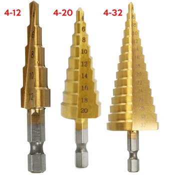 3pc Hss korak drill bit nastavite cone luknjo rezalnik Taper meritev 4-12 / 20 / 32mm 1 / 4 