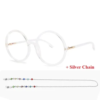 Velik Krog Pregledna Očala Ženska S Kristalno Verige Mode Optični Kratkovidnost Očal Okvir Ravno Ogledalo, Modro Svetlobo Varstvo