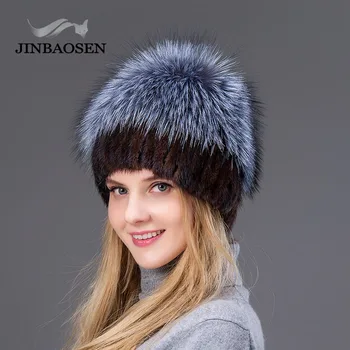 JINBAOSEN Ženske zimske mink krzno klobuk pravi srebrna lisica krzno toplo smučarsko skp naravnega krzna plesti krzno cap znamka modnih ruski slog