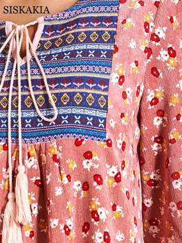 Siskakia Jeseni Obleko Roza Velvet Etnične Vezenje Maxi Obleke za Ženske Plus Velikost O Vratu Dolg Rokav arabski Turčija Oblačila