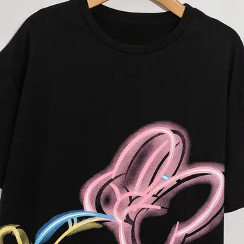 Disney T-Shirt Moda NEON Grafiti Minnie Mouse Risanka Tiskanja Ženske T-Shirt O-Vratu Bombaža, Kratek Rokav Tee Vrhovi Ženska Črna