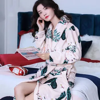 Zgostitev Flanela Ženske Kimono Kopalni Plašč Obleke Nightgown Pozimi Topli Koralni Runo Sleepwear More Priložnostne Tiskanja Cvet Homewear