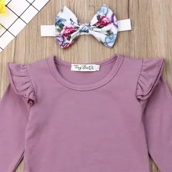0-24M Cvet Novorojenega Dojenčka Baby Dekleta Oblačila, ki Vijolično Ruffles Dolg Rokav igralne obleke + Cvet Hlače Jeseni Baby Dekleta Kostumi