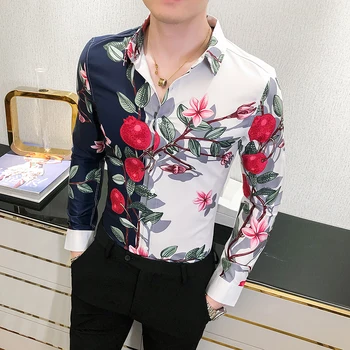 Britanski Stil Moških Cvetlični Srajce Moda 2020 Digital Print Priložnostne Srajce za Moške, Slim Fit, Nočni Klub, Maturantski Jopičem Moških Bluzo 3XL