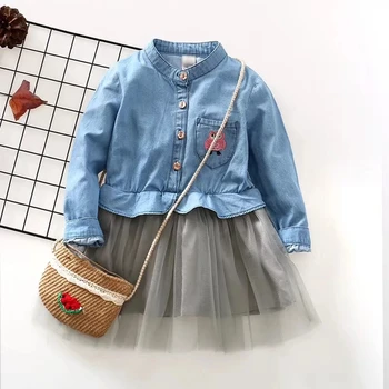2018 Nov Prihod Dekleta Mozaik Denim Obleke Baby Dekleta Z Dolgimi Rokavi Voile Jeansa Obleko Otroci Pomlad Vezenje Princesa Obleko