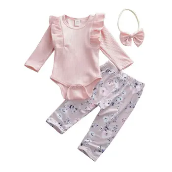 0-24M Otrok Baby Girl Obleke Postavlja Trdne Ruffle Romper Vrhovi Cvet Hlače Glavo Jeseni Obleko Oblačila