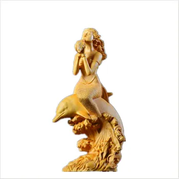 XS155-18 CM Ročno Izrezljane Šimšir Carving Figur Dnevna Soba Kip Doma Dekor -morska deklica morska deklica Jahanje delfinov, Kiparstvo