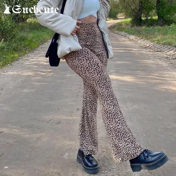 SUCHCUTE Leopard Tiskanja Ženske Dvojno Plast Očesa Hlače Y2k Modni Visoki Pas Naravnost Hlače Ulične Gothic 90. letih Obleke