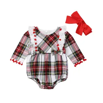 0-24M Malčke Baby Girl Obleke z Dolgimi Rokavi Čipke Kariran Bodysuit Jumpsuit OutfitTassel Obleka, Božični Party Obleka Princess